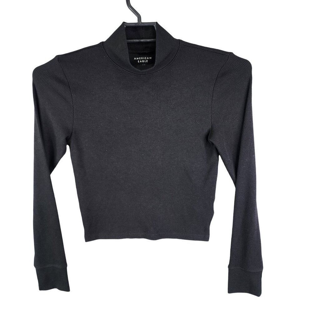 Women's American Eagle Black Crop Top Shirt Mock Neck Ribbed Long Sleeve Size L